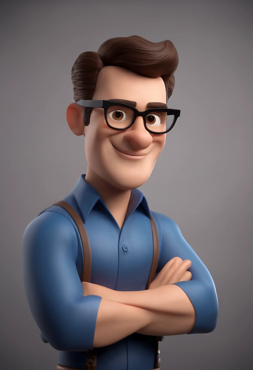 Cartoon character of a man wearing black glasses and a blue shirt, um personagem animado, Caractere estilizado, animation style rendering, 3D estilizado, Arnold Maya render, 3 d render stylized, toon render keyshot, Personagem 3D, Personagem 3D, 3d rendering stylized, 3 d character render, personagem de desenho animado, Personagem de close up, Pose de personagem, (Estilo Pixar) (master part:1.2) (Bokeh) (best quality) (pele detalhada) (textura detalhada) (8k) (argila) (Cinematic lighting) (foco nítido，Senta e vaza a parte superior do corpo