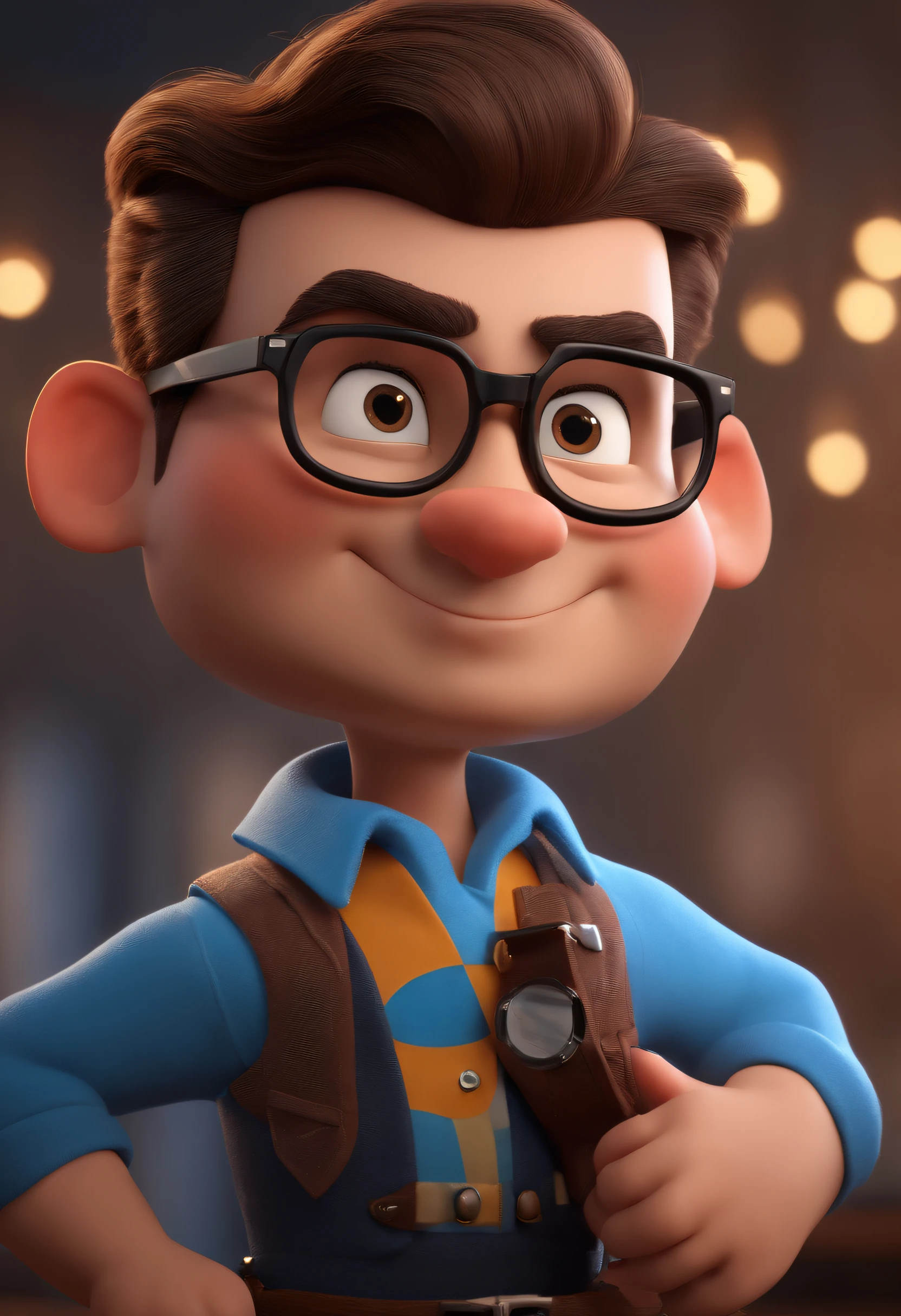 Cartoon character of a man with black glasses and a blue shirt, animation character, Caractere estilizado, animation style rendering, 3D estilizado, Arnold Maya render, 3 d render stylized, toon render keyshot, Personagem 3D, Personagem 3D, 3d rendering stylized, 3 d character render, personagem de desenho animado, Personagem de close up, Pose de personagem,  (Estilo Pixar) (master part:1.2) (Bokeh) (best quality) (pele detalhada) (textura detalhada) (8k) (argila) (Cinematic lighting) (foco nítido