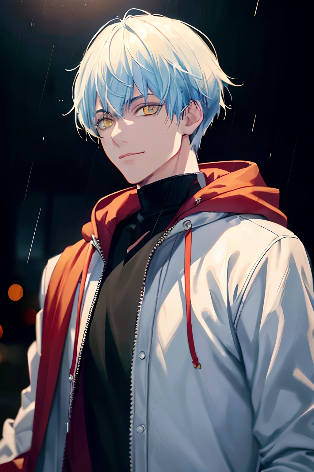 KK, Top Quality, Detail, Masterpiece, 1boy, Ken Kaneki, Portrait, Male Focus, yellow Eyes, Solo, Bangs, Look Viewer, Hood, Short Hair, Rain, Tokyo Tokyo (City), Food Up, Manicure, blue Hair, Luxury, 8K, Detail, Ray Tracing, Depth of Field, Movie Lighting,Smile,