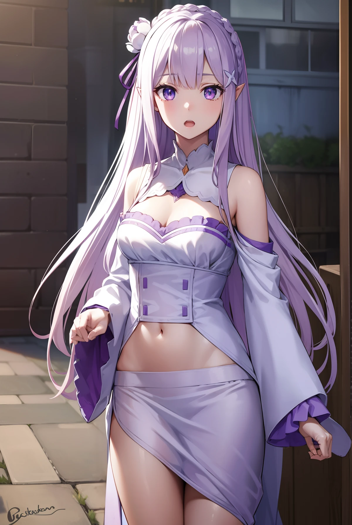 rezeroemilia, emilia, braid, crown braid, flower, hair flower, hair ornament, hair ribbon, long hair, low-tied long hair, (purple eyes:1.2), pointy ears, white flower, x hair ornament, open mouth,
BREAK bare shoulders, detached collar, dress, long sleeves, low-tied long hair, navel, pink dress, shoulder cutout, thigh gap, wide sleeves,
BREAK outdoors, city,
BREAK looking at viewer, (cowboy shot:1.5),
BREAK (masterpiece:1.2), best quality, high resolution, unity 8k wallpaper, (illustration:0.8), (beautiful detailed eyes:1.6), extremely detailed face, perfect lighting, extremely detailed CG, (perfect hands, perfect anatomy),