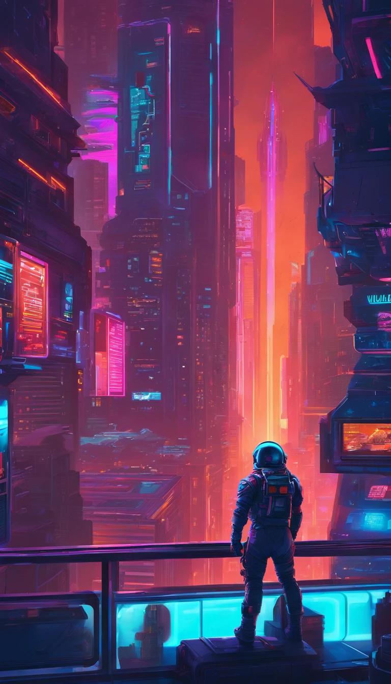 The astronaut looks out the spacecraft window，Large area of windows，Blue tones inside the spacecraft，neonlight，City view from the window