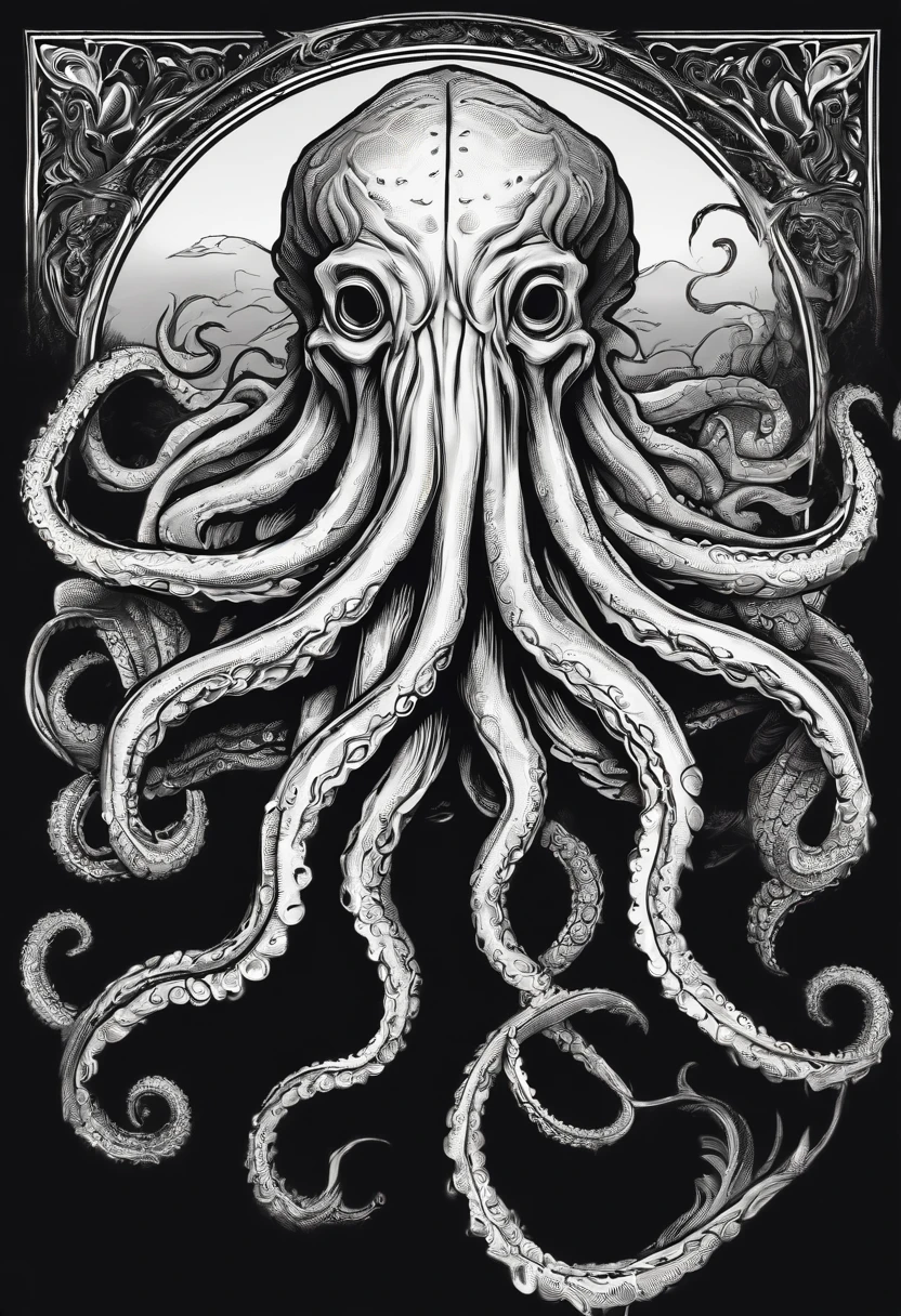 /imagine prompt: Cthulhu illustration for a sticker with a black background, in bold outline style, jagged edges, trashcore, light shading --v 5.2