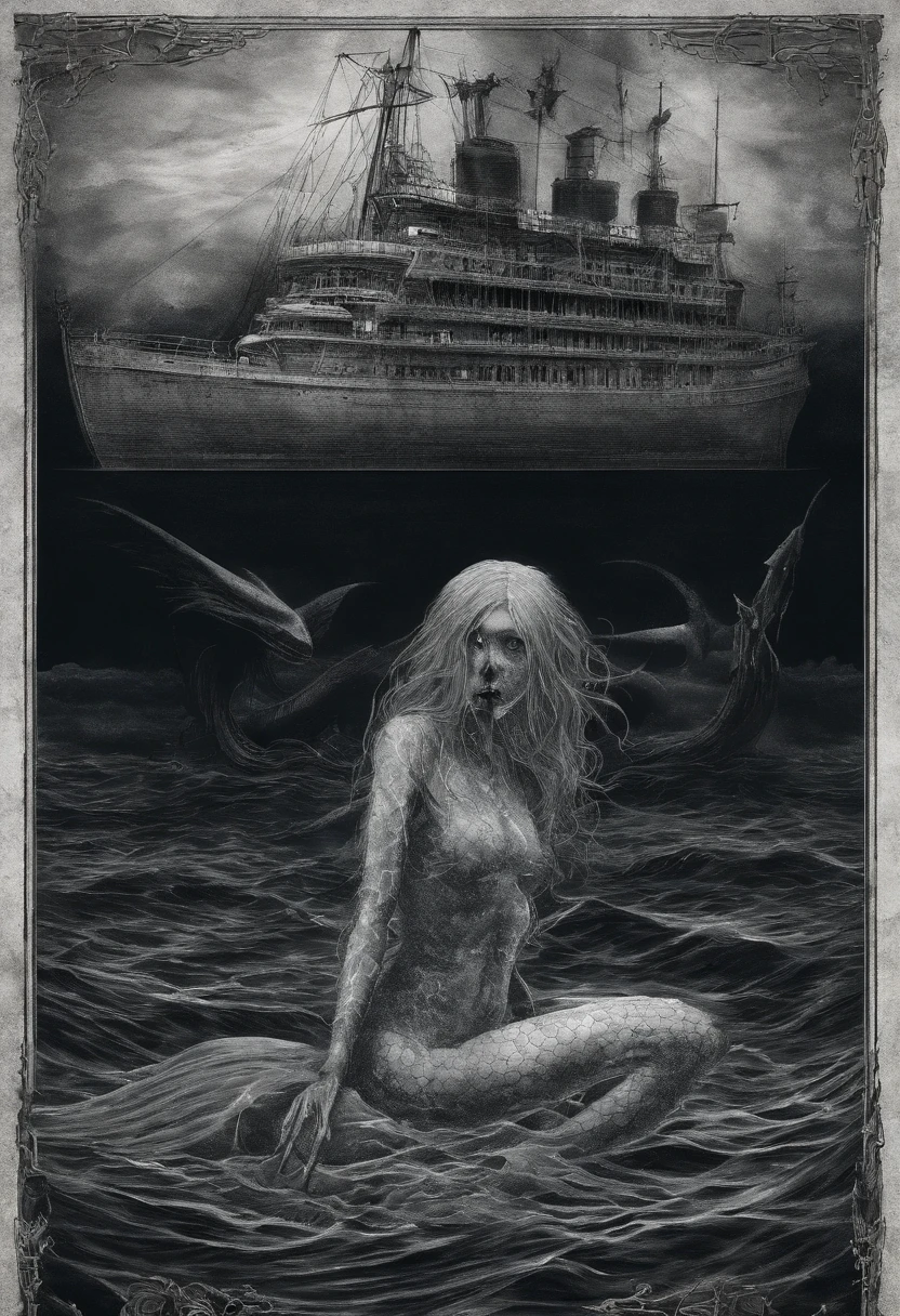 Spooky Mermaid in focus, ship sinking in background, horror