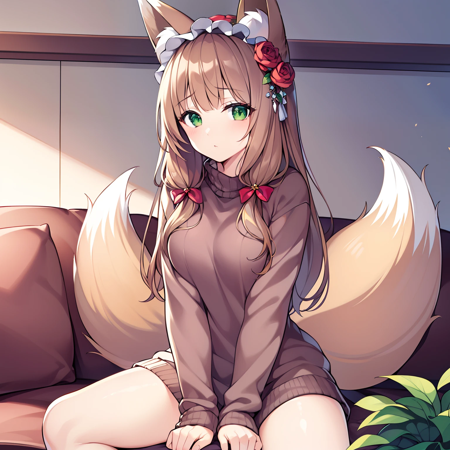 (tmasterpiece，Highest high resolution，8k wallpaper，Highest drawing quality)，1girll，Solo，(Huge fox tail)，Brown hair long，Green eyes，Small flower headdress，21-year-old college student_C cup，Modern architecture, On The Home，Sit on the sofa_knitted sweater，Girl in pajamas，