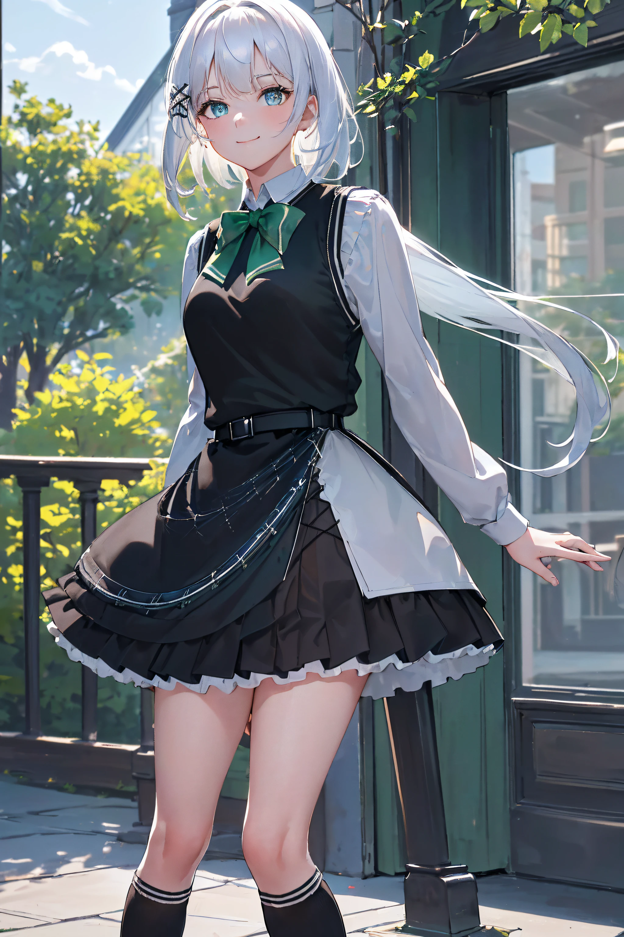 masterpiece, best quality, highres, 1girl white hair blue eyes x hair ornament,(wearing black footwear, kneehighs, green skirt, black socks, loafers, green bow, sweater vest, green ribbon:1.2), standing, leaning forward, (arms behind back:1.2), smile, simple background,NSFW,official art,extremely detailed CG unity 8k wallpaper, perfect lighting, (masterpiece:1.0),(best_quality:1.0), ultra high res,4K,ultra-detailed, photography, 8K, HDR, highres, absurdres:1.2, Kodak portra 400, film grain, blurry background, bokeh:1.2, lens flare, (vibrant_color:1.2),(beautiful_face:1.5),(narrow_waist),(perfect hands, perfect anatomy),