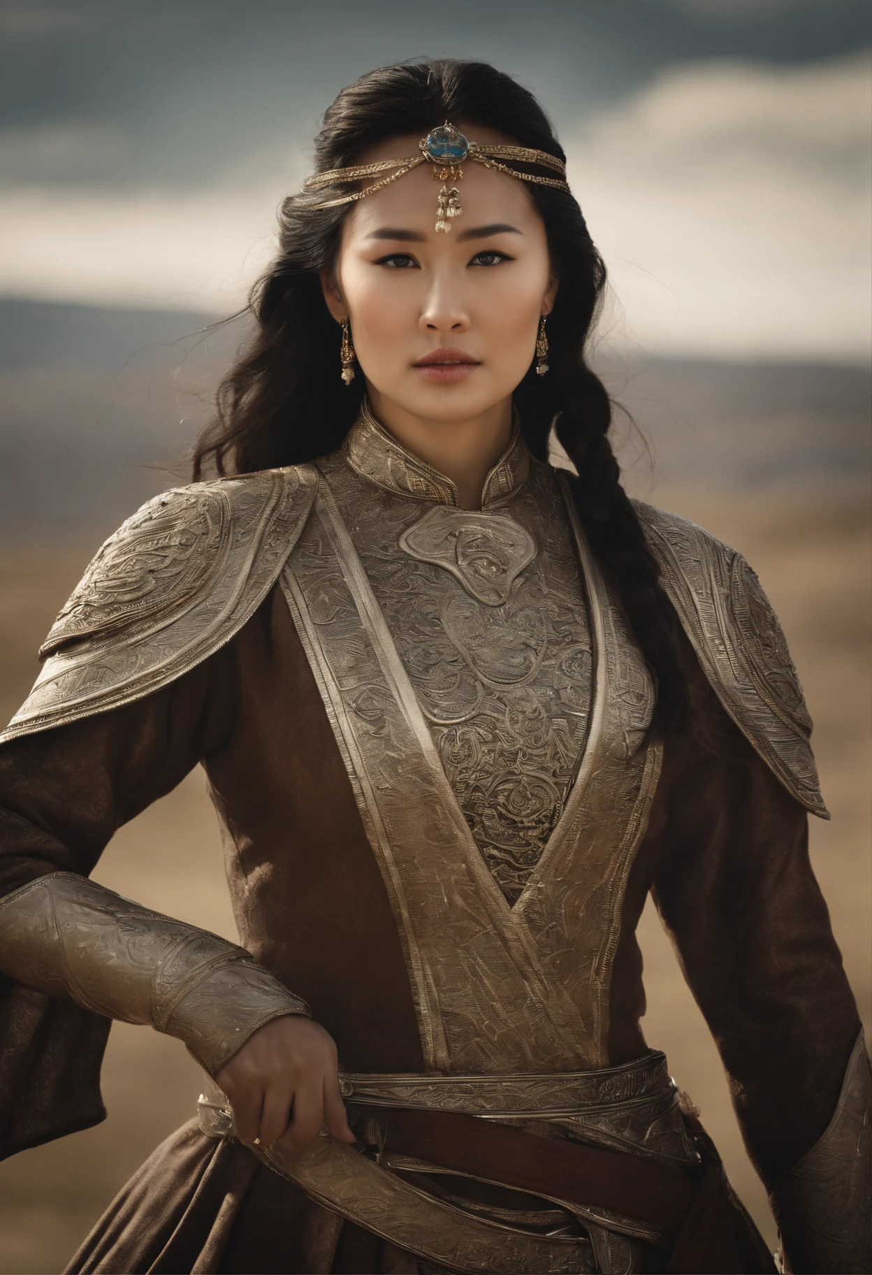 Hyper Realistic Long shot, Khutulun Mongol Princess, strong and regal, amidst the vast Mongolian steppes, gazing into the endless horizon, wind blowing through her hair, her incredible strength and resilience depicted in intricate detail --v 5 --ar 16:9 --q 1