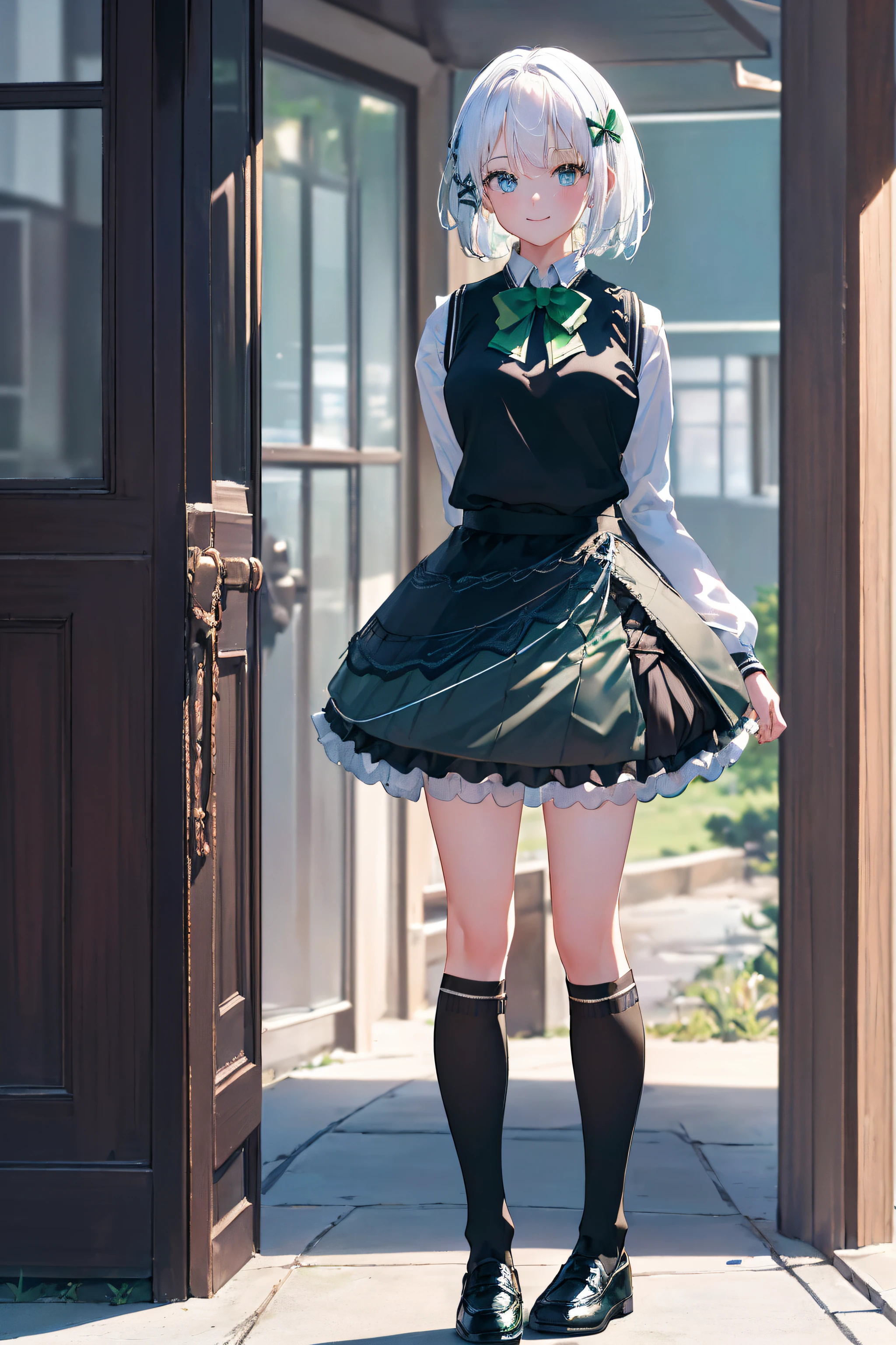 masterpiece, best quality, highres, 1girl white hair blue eyes x hair ornament,(wearing black footwear, kneehighs, green skirt, black socks, loafers, green bow, sweater vest, green ribbon:1.2), standing, leaning forward, (arms behind back:1.2), smile, simple background,NSFW,official art,extremely detailed CG unity 8k wallpaper, perfect lighting, (masterpiece:1.0),(best_quality:1.0), ultra high res,4K,ultra-detailed, photography, 8K, HDR, highres, absurdres:1.2, Kodak portra 400, film grain, blurry background, bokeh:1.2, lens flare, (vibrant_color:1.2),(beautiful_face:1.5),(narrow_waist),(perfect hands, perfect anatomy),