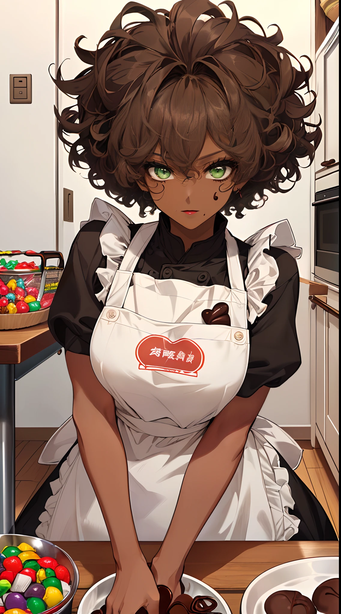 (((Masterpiece, hiquality, absurdress), 1Woman, black hair, curly hair, Afro-curly hair, Green eyes, a perfect face, the perfect body, big breastes, sports body, short stature, (((very dark skin))), 独奏, Detailed eyes and face, makeup, red-lips, apron, Cook costume, Pour the chocolate and candy into the ramekins, chocolate & Candy Making, kitchen, a table, slab, Chocolates and candies on the table