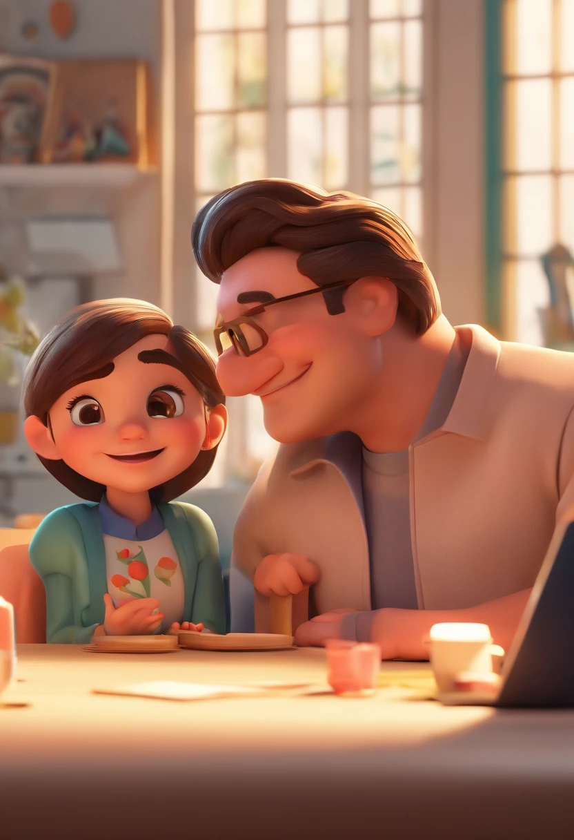 An illustration of an adorable couple, Highlight for a man with indigenous features, chubby, with glasses, smiling and a blonde woman with beautiful expressive eyes - the man's skin is brunette and the man's hair is black and short, the woman's skin is white and the woman's hair is straight and blonde. They are a bright room, cada um com um sorriso no rosto, e compartilhar um momento especial caracterizado pelo amor, Insights. Illustrate this scene from a perspective where they are facing the camera, Smiling and Showing Your Connection. Desenvolva esta arte em Full HD, Focus on your cinematic touch, Estilo Disney Pixar Animations
