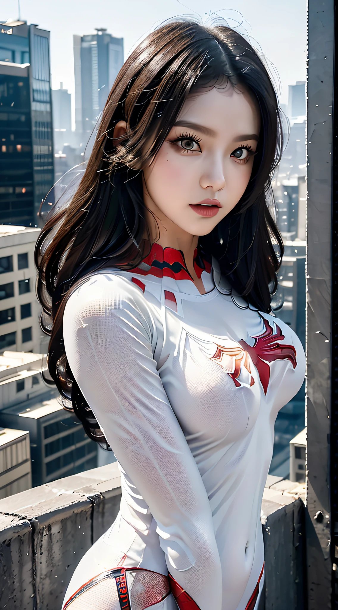 upper half body, natta,((White costume superhero theme, charismatic, The girl at the top of the city, White Hero Costume, Tight-fitting Spider-Man costume)), [(23 years old), (Long black hair:1.2),  (Brown eyes:1.2), ((Harsh urban environment):0.8)| (urban landscape, natta, Dynamic lighting), (full moon)