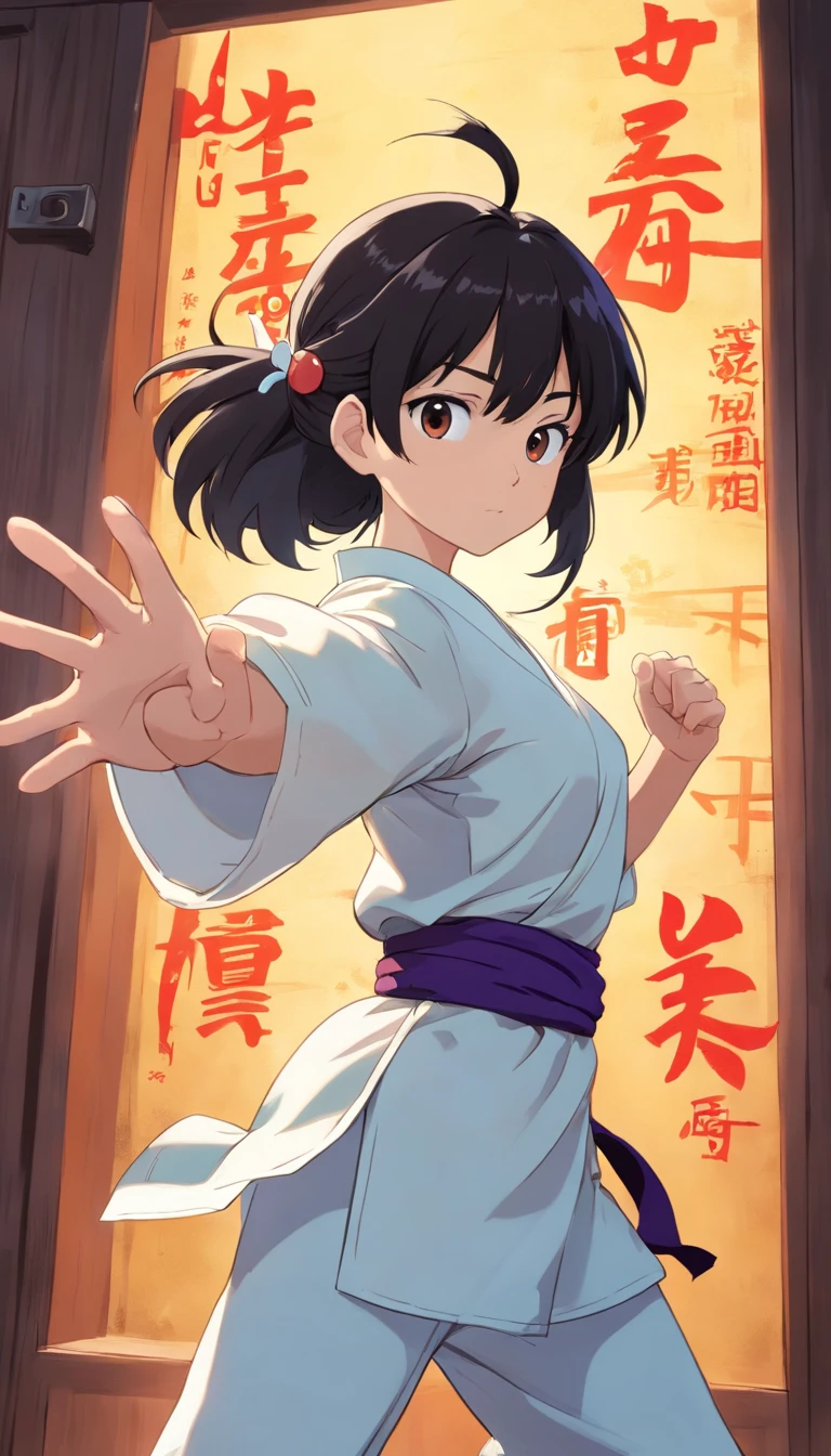 Young gamer version anime black hair, Wearing a white karate costume, Cabelos pretos raspado na lateral , energia concentrada, Lutador de rua, Random karate pose, (detalhes intrincados), NFFSW, (detalhes intrincados, super-fino: 1.2), television show, meio,