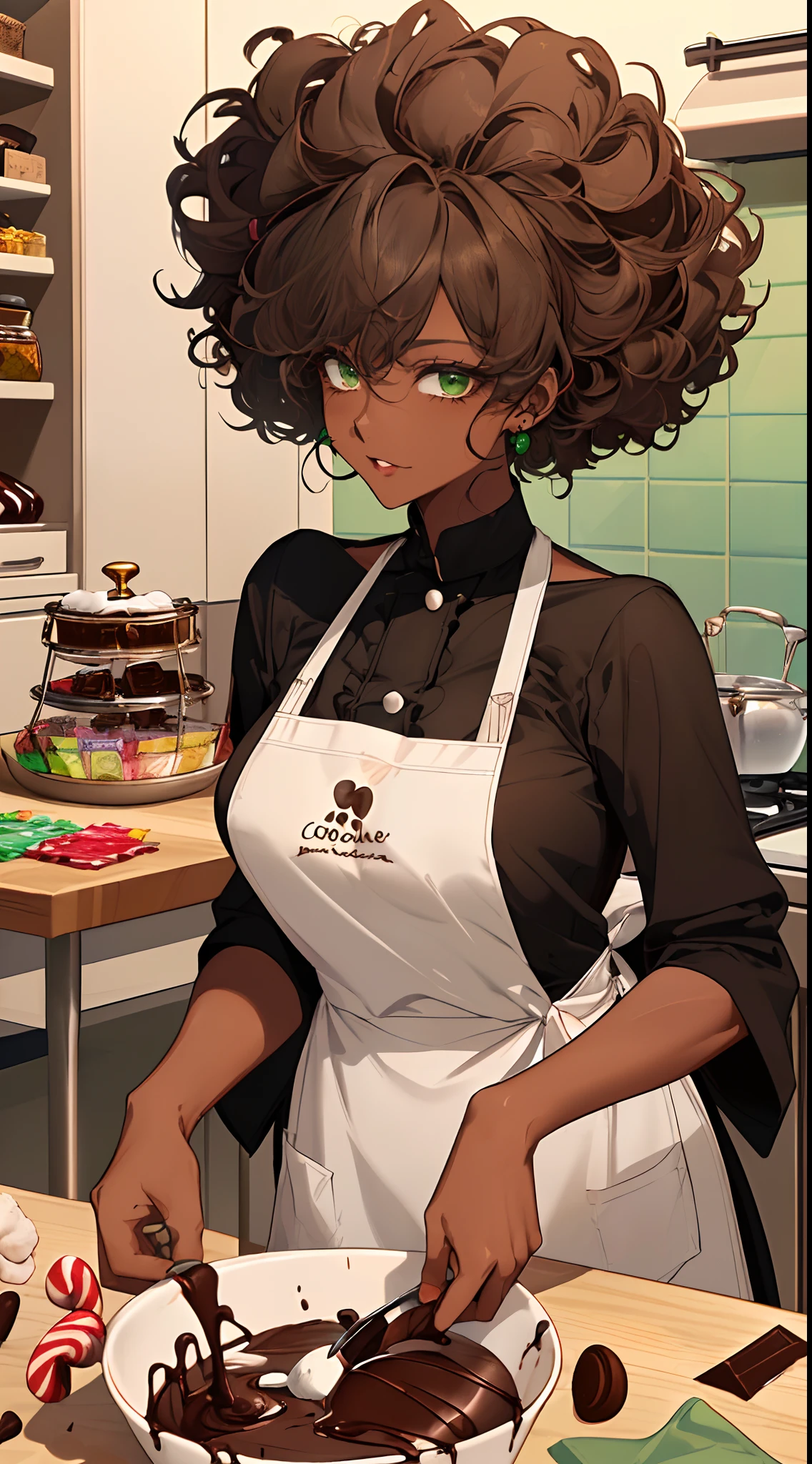(((Masterpiece, hiquality, absurdress), 1Woman, black hair, curly hair, Afro-curly hair, Green eyes, a perfect face, the perfect body, big breastes, sports body, short stature, (((very dark skin))), 独奏, Detailed eyes and face, makeup, red-lips, apron, Cook costume, Pour the chocolate and candy into the ramekins, chocolate & Candy Making, kitchen, a table, slab, Chocolates and candies on the table