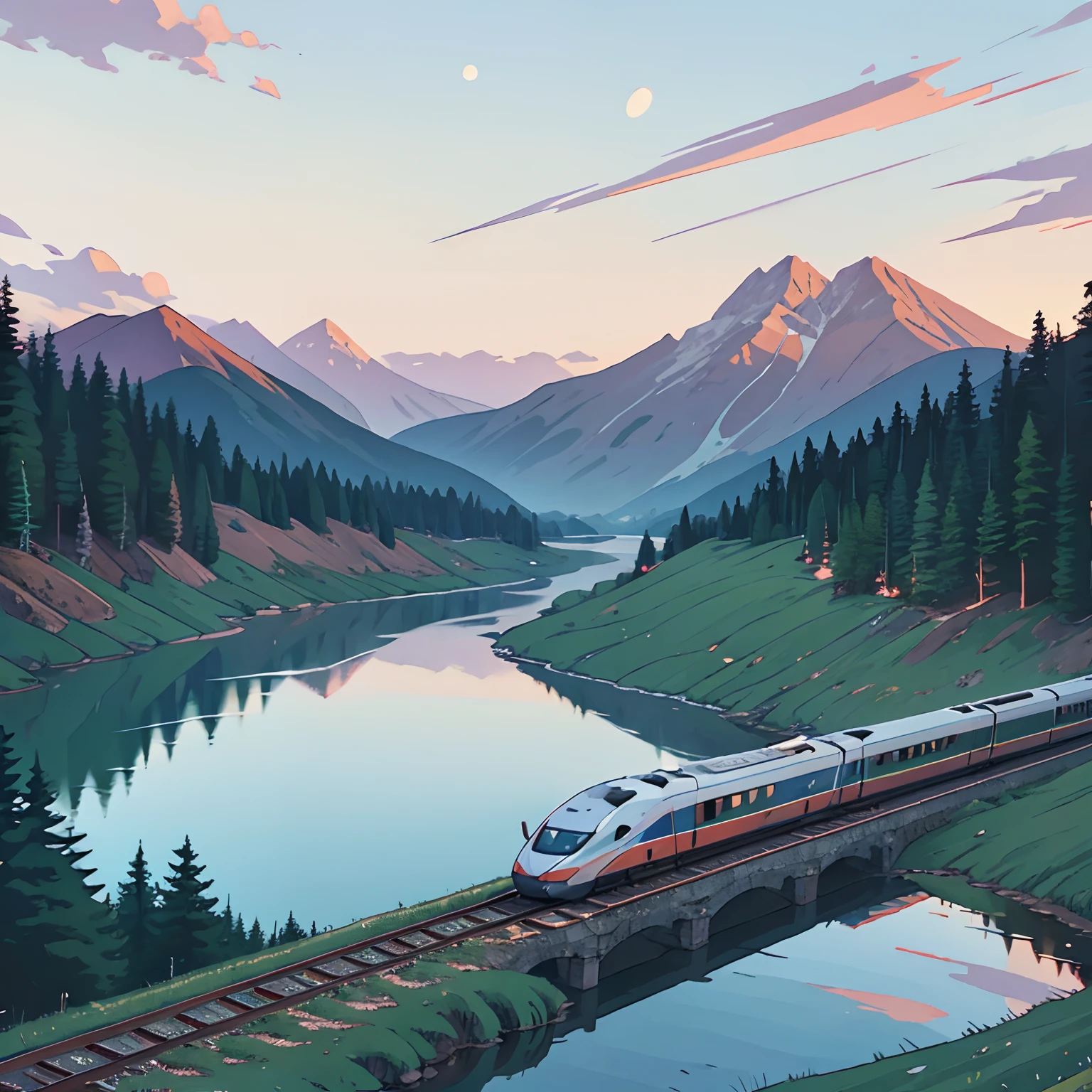 High-speed train passing a lake, mountain background, twilight,