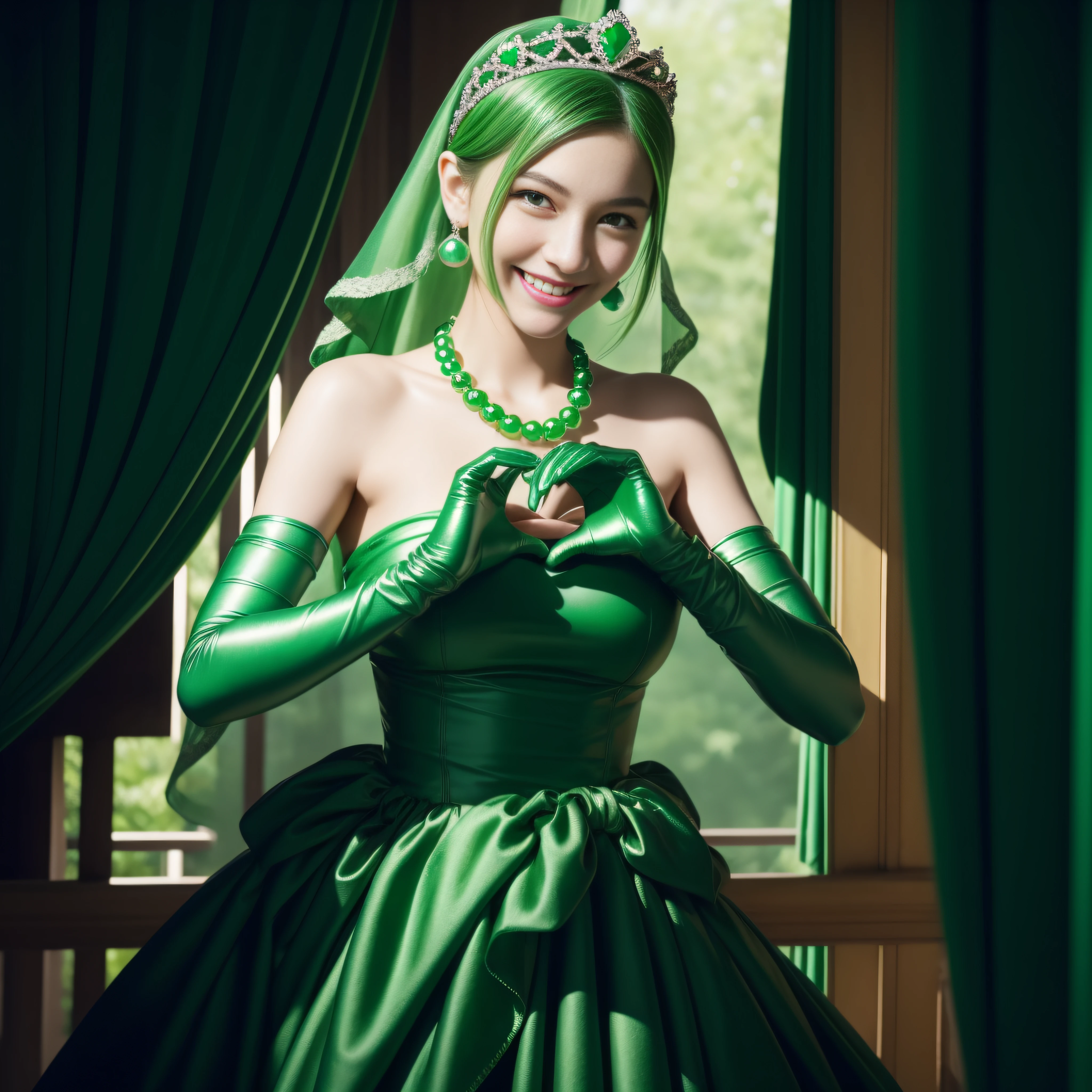 emerald tiara, Green Pearl Necklace, Boyish very short green hair, lipsticks, Japan woman smiling, very short short hair,  big breasts beautiful, Green eyes, Long green gloves made of satin material, Green eyes, Emerald Earrings, green vale, Heart with both hands