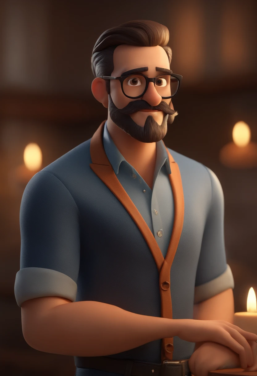 Cartoon character of a man with black glasses and a blue shirt, careca, barba e bigode, animation character, Caractere estilizado, animation style rendering, 3D estilizado, render, 3 d render stylized, toon render keyshot, Personagem 3D, Personagem 3D, 3d rendering stylized, 3 d character render, personagem de desenho animado, Personagem de close up, Pose de personagem, (Estilo Pixar) (master part:1.2) (Bokeh) (melhor qualidade) (pele detalhada) (textura detalhada) (8k) (argila) (Cinematic lighting) (foco nítido