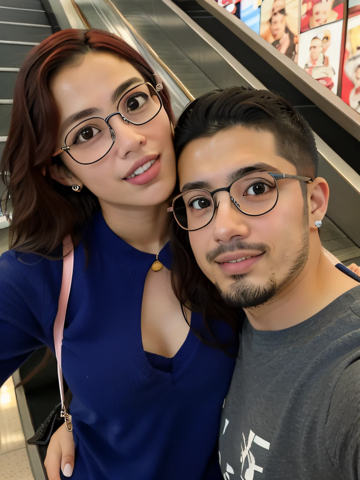 There is a man and a woman posing for a photo in front of an escalator, imagem de perfil, Directed by: Nandor Soldier, com nerd! glasses! e cavanhaque, foto do perfil, taken in the early 2020s, foto de perfil, Postagem no Reddit, Directed by: Alejandro Obregon, Valentina Embaralhamento, with nerdy glasses and goatee