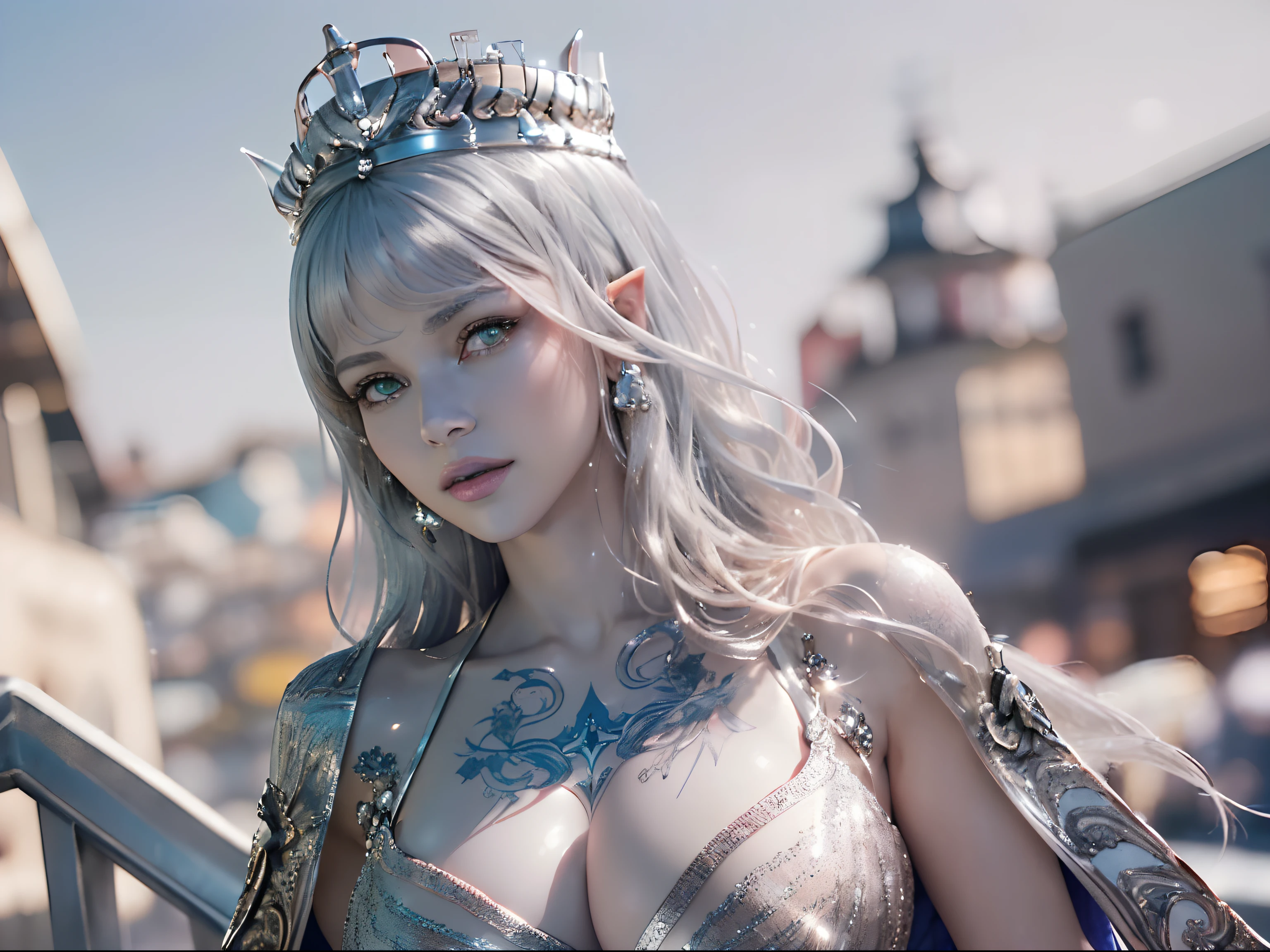 Ultra-detailed complex 3D rendering of the face, (masterpiece, top quality, octane rendering,), glamour shots full body image, very beautiful young elves, cleavage, (highly detailed skin: 1.2), (exposure: 1.1), ((blue micro bikini: 1.95)))). , 8k, (((very soft breasts)), (((conspicuous large pink areola)), beautiful Caucasian woman with white skin with full soft breasts with big buttocks, one, long braided hair, big breasts, dynamic angles, (((huge breasts: 2.4)), ultra-realistic photos, ((((((silver hair)))), futuristic urban background, facial muscles, (((((detailed and glamorous silver crown)))), In the style of Marvel Comics, ArtStation Trends, Clear Focus, Intricate Details, Very Detailed, Detailed Green Eyes, Sharp Focus, Digital Rendering, Professional, Abs, Lip Gloss, Glossy Skin, Sexy Pose, Golden Tattoo All Over Body, Silver Pattern All Over Body, Silver Lame Skin, Gold Glitter Skin, Mansuji, Buttocks, Jeweled All Over the Body, with silver scales, silver hair,