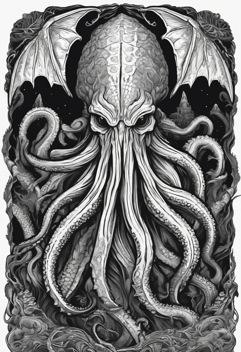 /imagine prompt: Cthulhu illustration for a sticker with a black background, in bold outline style, jagged edges, trashcore, light shading --v 5.2