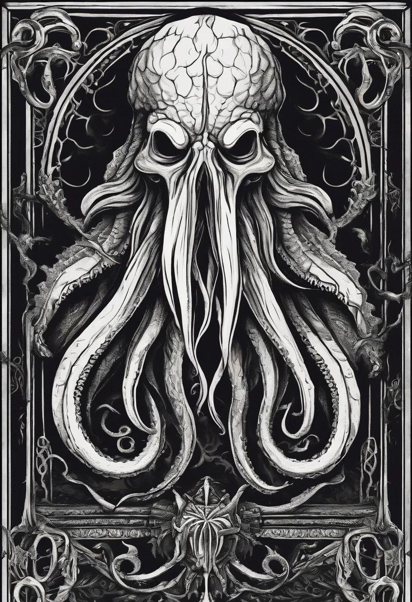 /imagine prompt: Cthulhu illustration for a sticker with a black background, in bold outline style, jagged edges, trashcore, light shading --v 5.2
