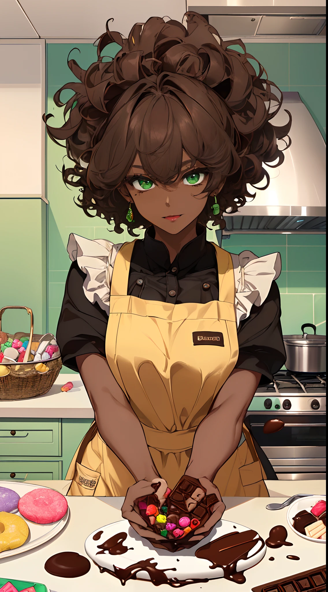 (((Masterpiece, hiquality, absurdress), 1Woman, black hair, curly hair, Afro-curly hair, Green eyes, a perfect face, the perfect body, big breastes, sports body, short stature, (((very dark skin))), 独奏, Detailed eyes and face, makeup, red-lips, apron, Cook costume, Pour the chocolate and candy into the ramekins, chocolate & Candy Making, kitchen, a table, slab, Chocolates and candies on the table
