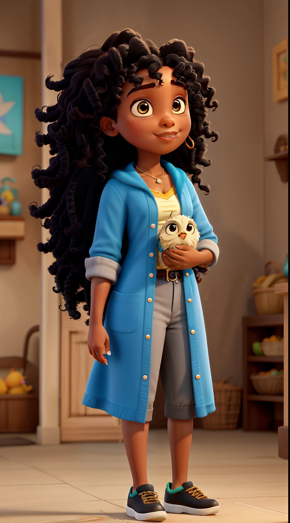 Black woman with curly hair holding a bird in her hands, igual aos filmes Disney Pixar