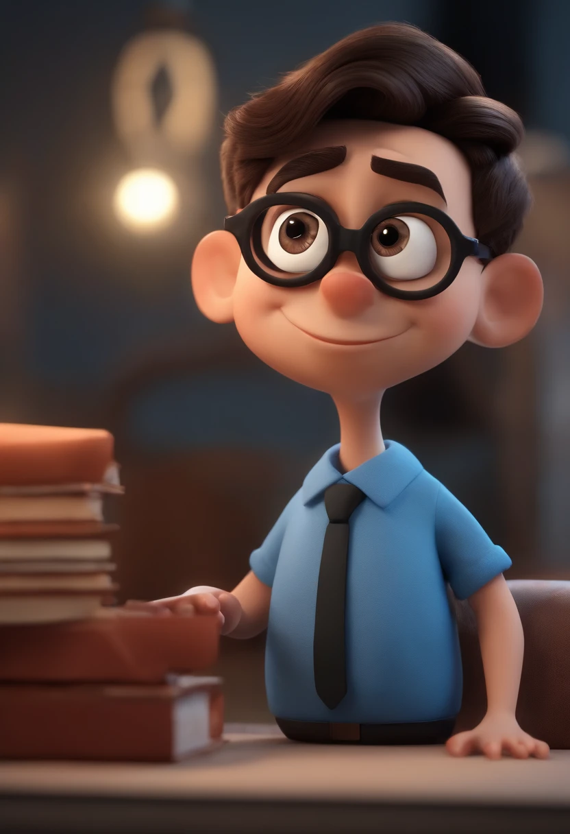 Cartoon character of a man wearing black glasses and a blue shirt, um personagem animado, Caractere estilizado, animation style rendering, 3D estilizado, Arnold Maya render, 3 d render stylized, toon render keyshot, Personagem 3D, Personagem 3D, 3d rendering stylized, 3 d character render, personagem de desenho animado, Personagem de close up, Pose de personagem, (Estilo Pixar) (master part:1.2) (Bokeh) (best quality) (pele detalhada) (textura detalhada) (8k) (argila) (Cinematic lighting) (foco nítido，Senta e vaza a parte superior do corpo