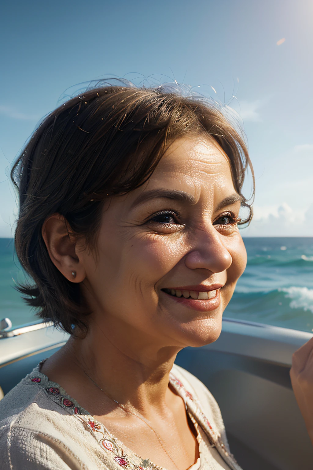 Create a 3D image, Pixar Animation style, of an elderly lady, smiling and looking at the horizon.