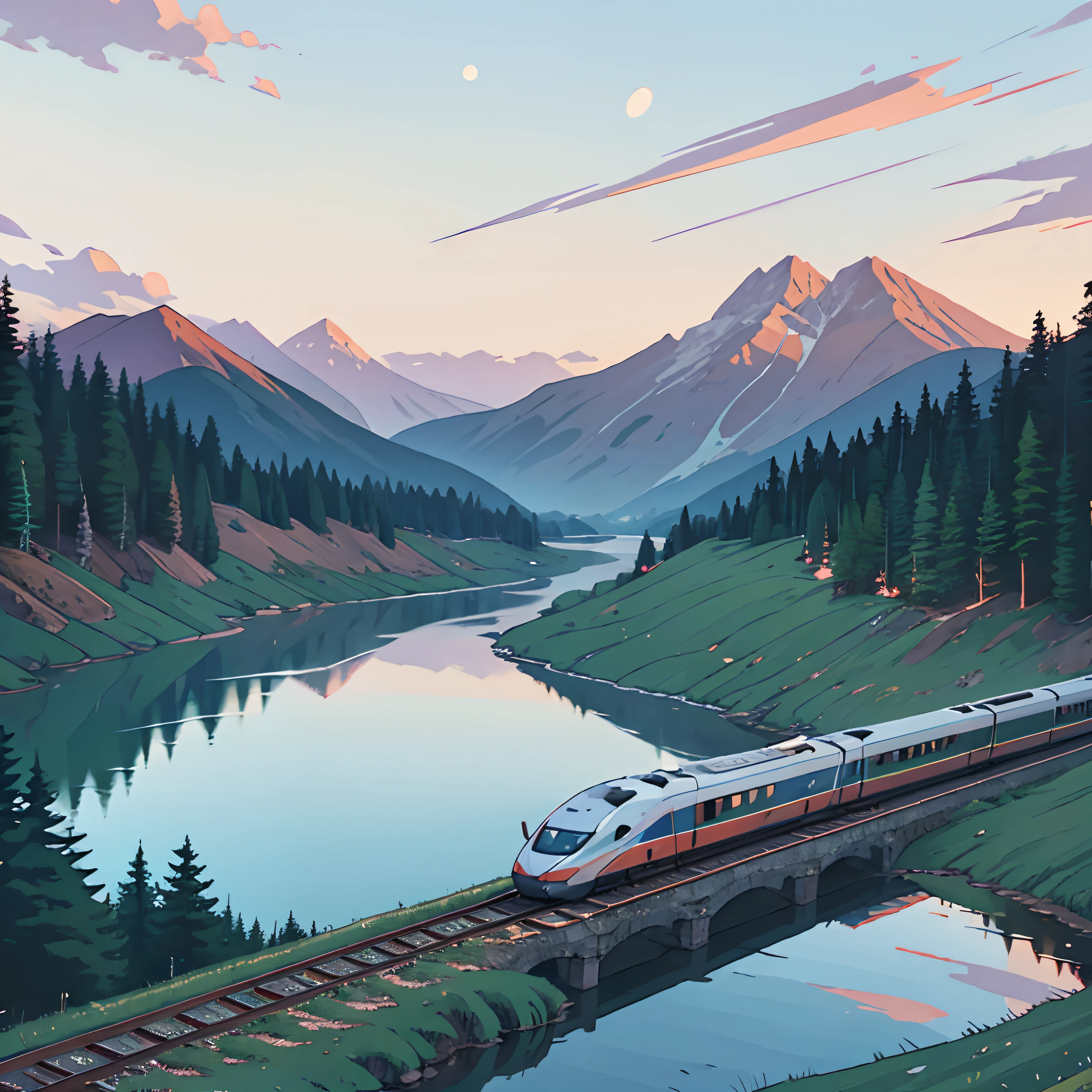High-speed train passing a lake, mountain background, twilight,