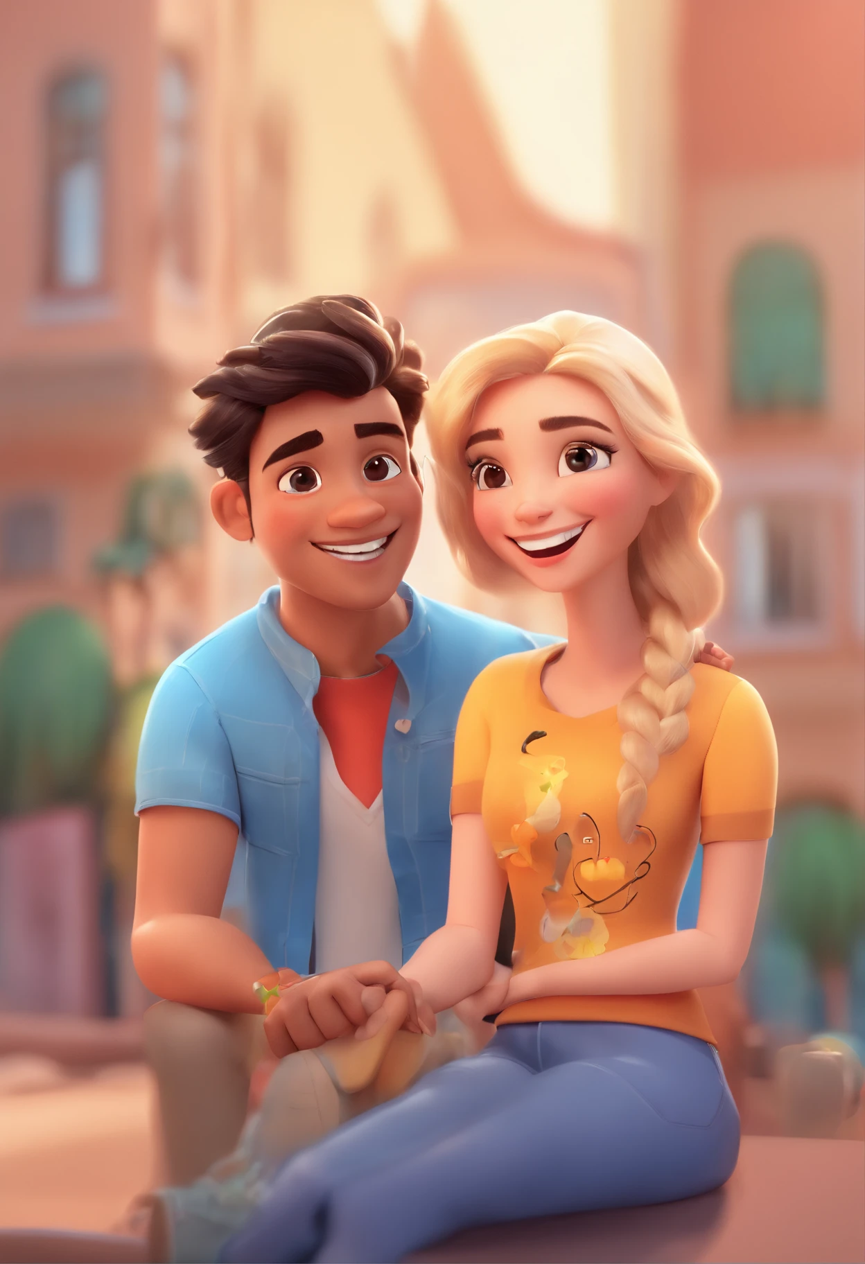 An illustration of an adorable couple, Highlight for a man with indigenous features, chubby, with glasses, smiling and a blonde woman with beautiful expressive eyes - the man's skin is brunette and the man's hair is black and short, the woman's skin is white and the woman's hair is straight and blonde. They are a bright room, cada um com um sorriso no rosto, e compartilhar um momento especial caracterizado pelo amor, Insights. Illustrate this scene from a perspective where they are facing the camera, Smiling and Showing Your Connection. Desenvolva esta arte em Full HD, Focus on your cinematic touch, Estilo Disney Pixar Animations