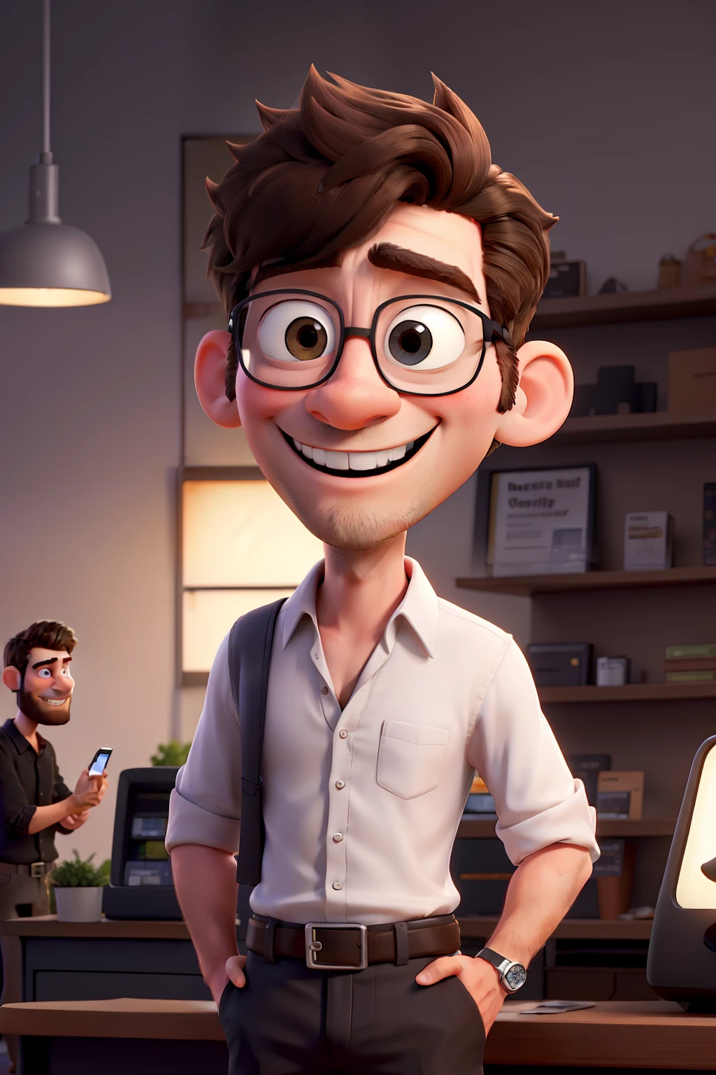 There is a smiling thin white man with short hair and short beard brunette with a mobile phone in his hand pixar up style happy salesman wearing black shirt behind an electronics store counter well lit light wall with lights