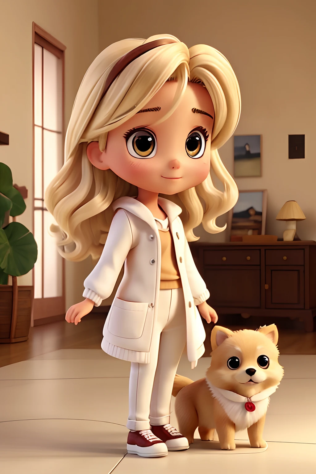 Blonde woman with brown eyes in white clothes holding a Pomeranian lulu dog