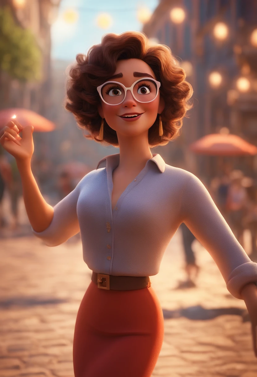 Pixar style image with 3D character white glasses brunette woman short curly hair dancing, Maquiagem Disney,Pescador, bonitinho, sorridente ,Close-up, Pixar, Disney, Cinema lighting,