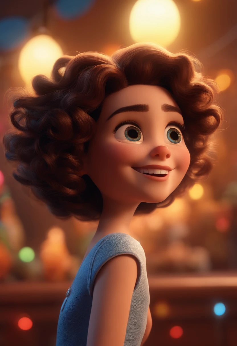 Pixar style image with 3D character white glasses brunette woman short curly hair dancing, Maquiagem Disney,Pescador, bonitinho, sorridente ,Close-up, Pixar, Disney, Cinema lighting,