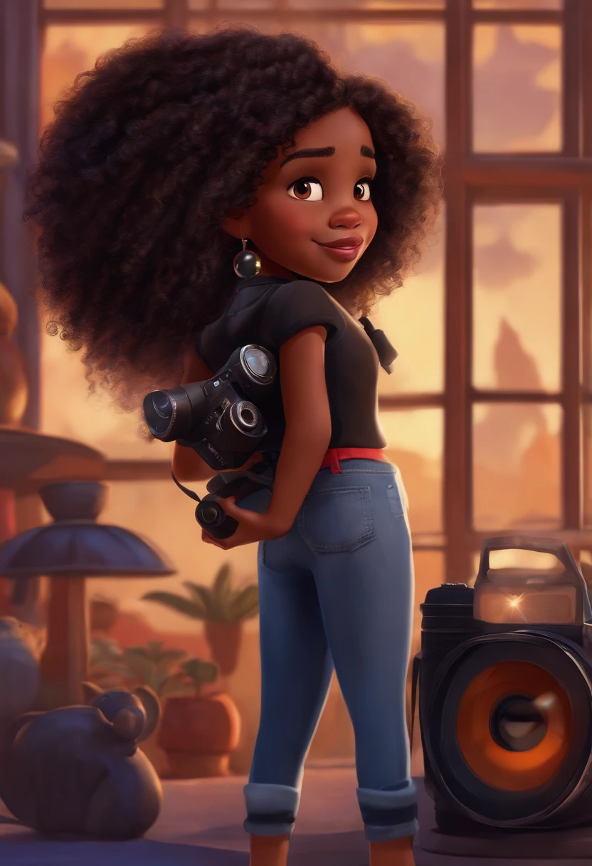 personagem da disney pixar, Wavy haired black girl in black outfit holding a camera