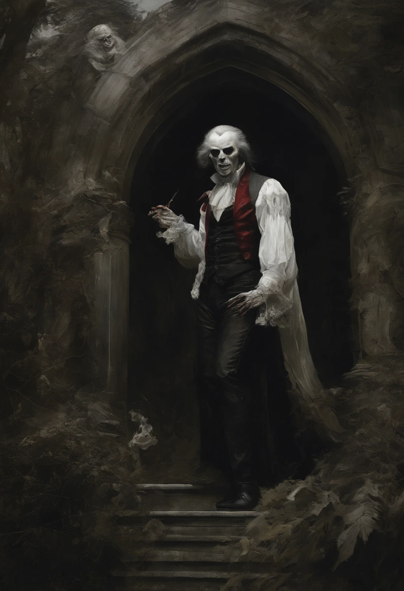 male vampire, demoniac, extended teeth, art by Jean-Honoré Fragonard, by Steve Huston, in a garden, heavy grain, high detail, cinematic composition, dramatic light, anamorphic, ultra wide lens, hyperrealistic