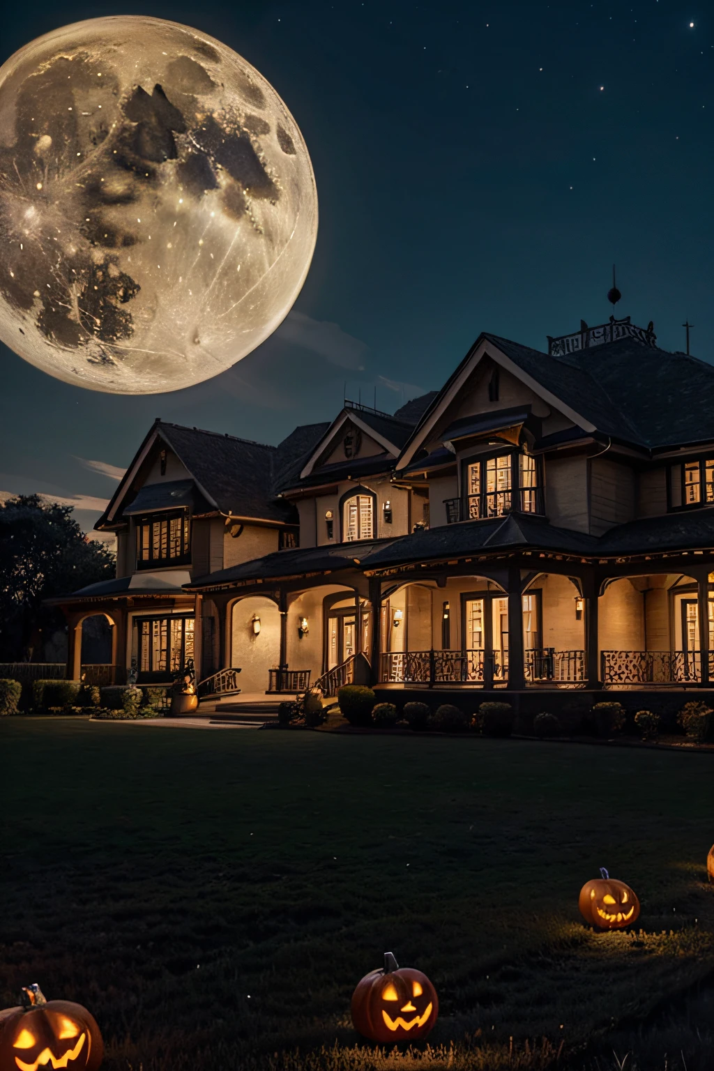 Make a Picture of a Luxury House with Halloween Decoration, In the sky a full moon