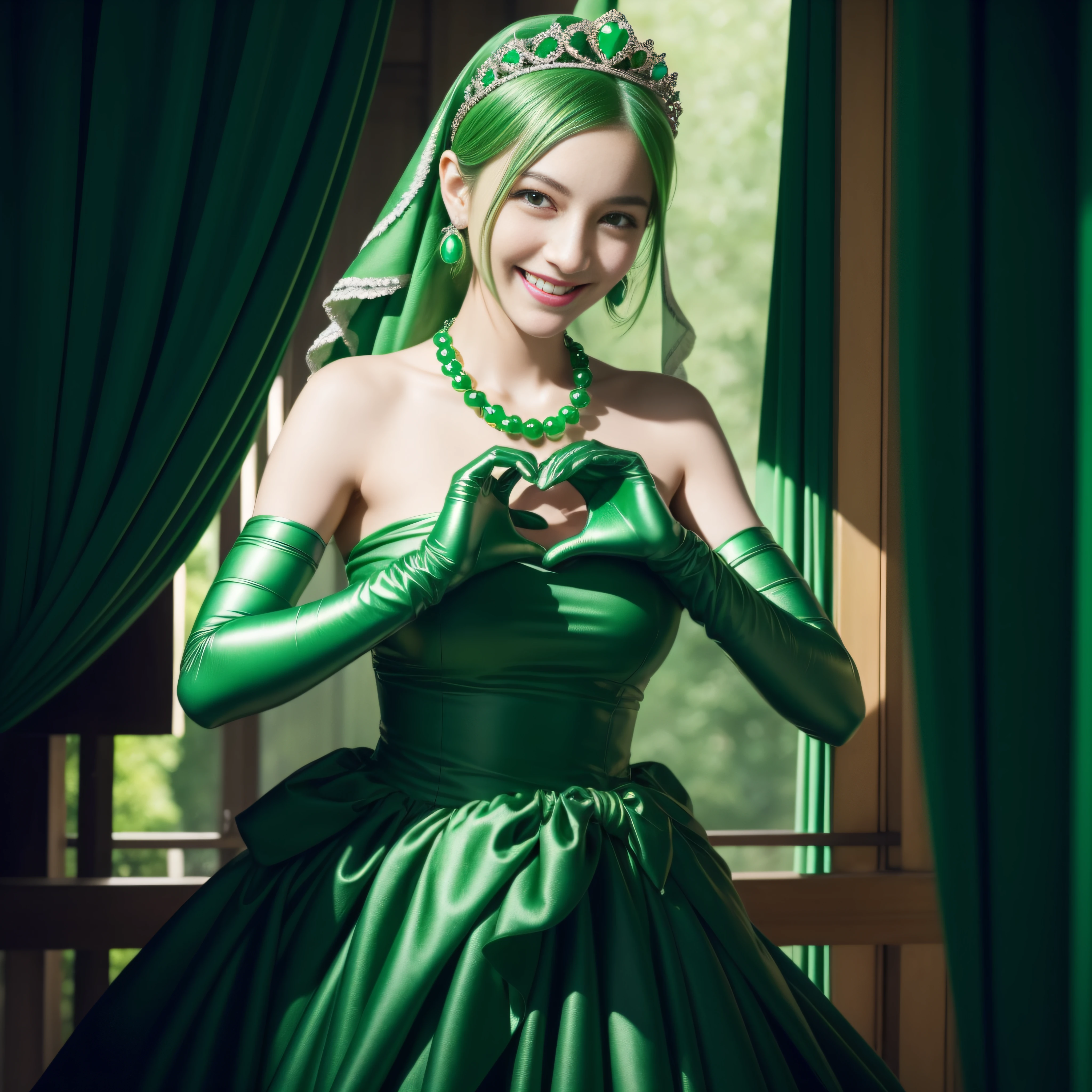 emerald tiara, Green Pearl Necklace, Boyish very short green hair, lipsticks, Japan woman smiling, very short short hair, big breasts beautiful, Green eyes, Long green gloves made of satin material, Green eyes, Emerald Earrings, green vale, Heart with both hands
