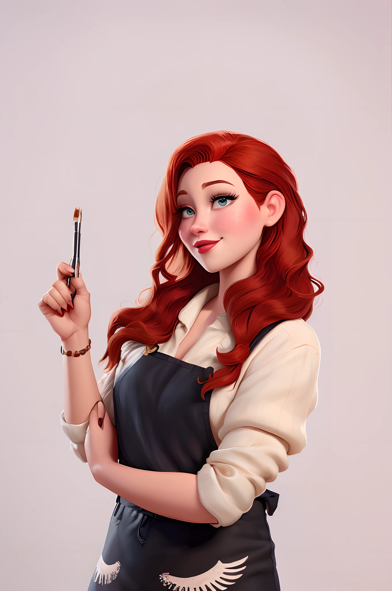 There's a woman with red hair holding a paintbrush, artista de personagens, estilo de personagem disney, Personagem altamente detalhado, estilo de arte disney, conceito de personagem realista, personagem disney, Disney fotorrealista, Artista Disney, Cartoon style illustration, pintura de personagem bonita, in style of disney animation, conceito de personagem irrealista, design de personagem altamente detalhado, Arte no estilo da Disney, arte disney