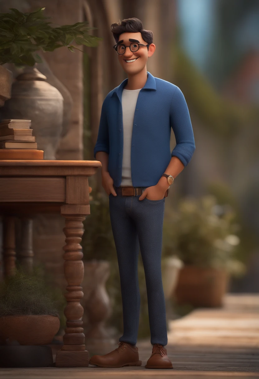 Cartoon character of a man with black glasses and a blue shirt, animation character, Caractere estilizado, animation style rendering, 3D estilizado, Arnold Maya render, 3 d render stylized, toon render keyshot, Personagem 3D, Personagem 3D, 3d rendering stylized, 3 d character render, personagem de desenho animado, Personagem de close up, Pose de personagem, (Estilo Pixar) (master part:1.2) (Bokeh) (best quality) (pele detalhada) (textura detalhada) (8k) (argila) (Cinematic lighting) (foco nítido