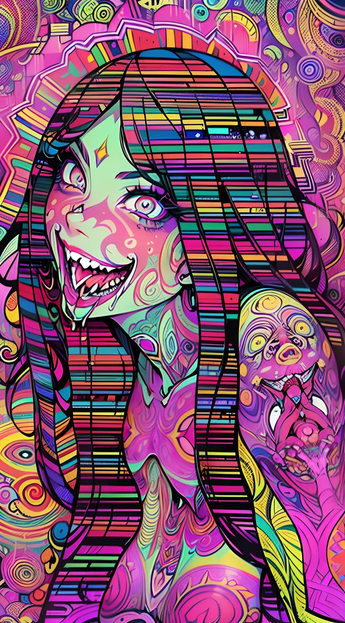 (Seductive psychedelic horror:1.5), Trippy Hentai, body horror, (having sex:1.2), (2girls, two busty girls:1.2), (huge flopping breasts:1.2), (visible nipples:1.3), surreal Sex, LSD trip, (Smiling, Eyes Rolling:1.2), sensual, psychedelic vaginal sex, provocative, colorful, glowing, perfect vagina, (vaginal penetration:1.2), (getting fucked roughly:1.2), orgasm face