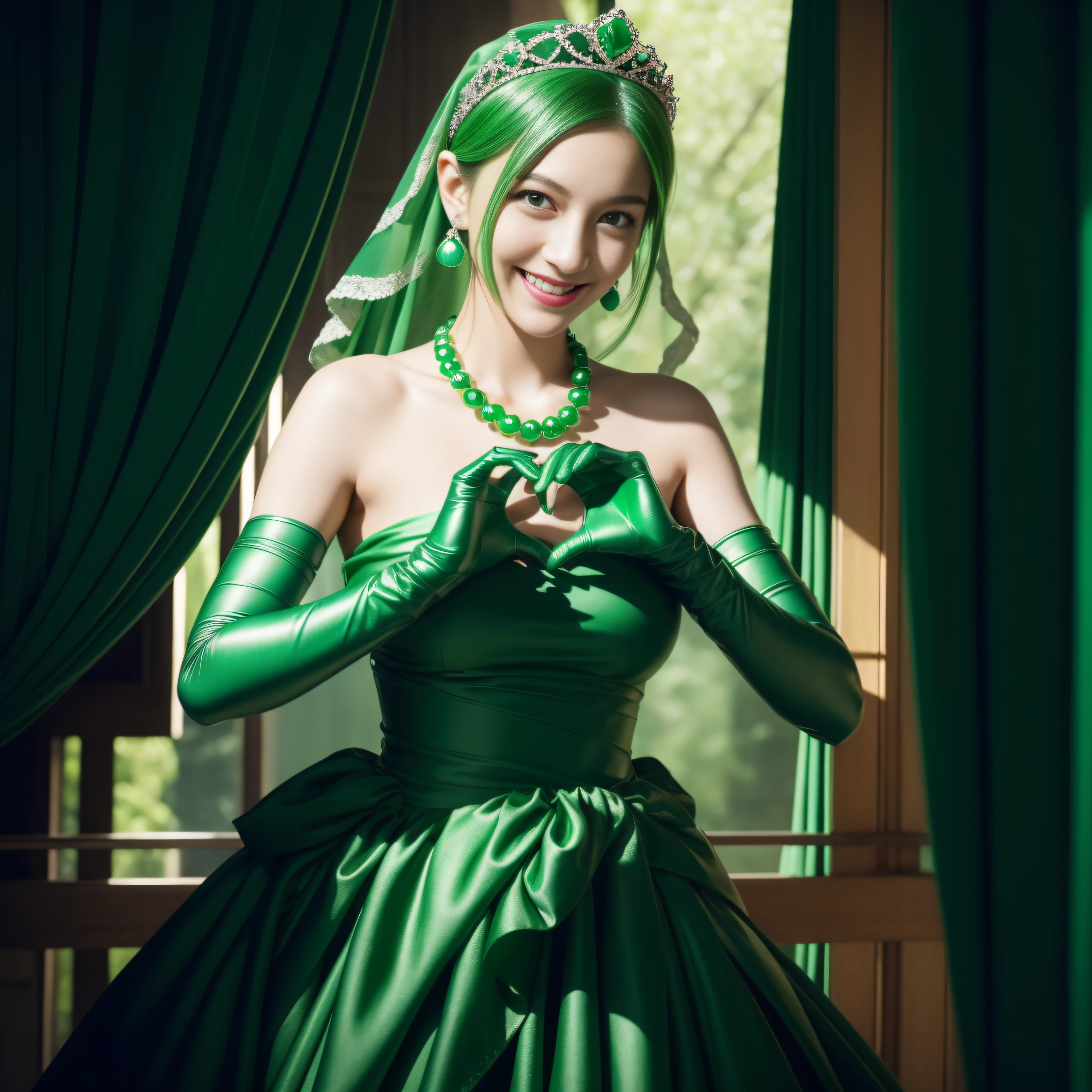 emerald tiara, Green Pearl Necklace, Boyish very short green hair, lipsticks, Japan woman smiling, very short short hair,  big breasts beautiful, Green eyes, Long green gloves made of satin material, Green eyes, Emerald Earrings, green vale, Heart with both hands