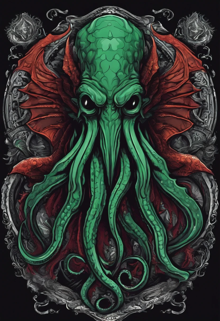 /imagine prompt: Cthulhu illustration for a sticker with a black background, in bold outline style, jagged edges, trashcore, light shading --v 5.2