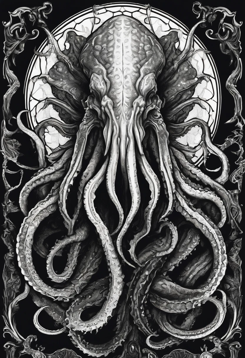 /imagine prompt: Cthulhu illustration for a sticker with a black background, in bold outline style, jagged edges, trashcore, light shading --v 5.2