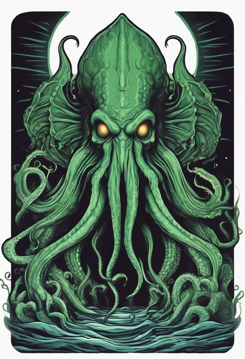 /imagine prompt: Cthulhu illustration for a sticker with a black background, in bold outline style, jagged edges, trashcore, light shading --v 5.2