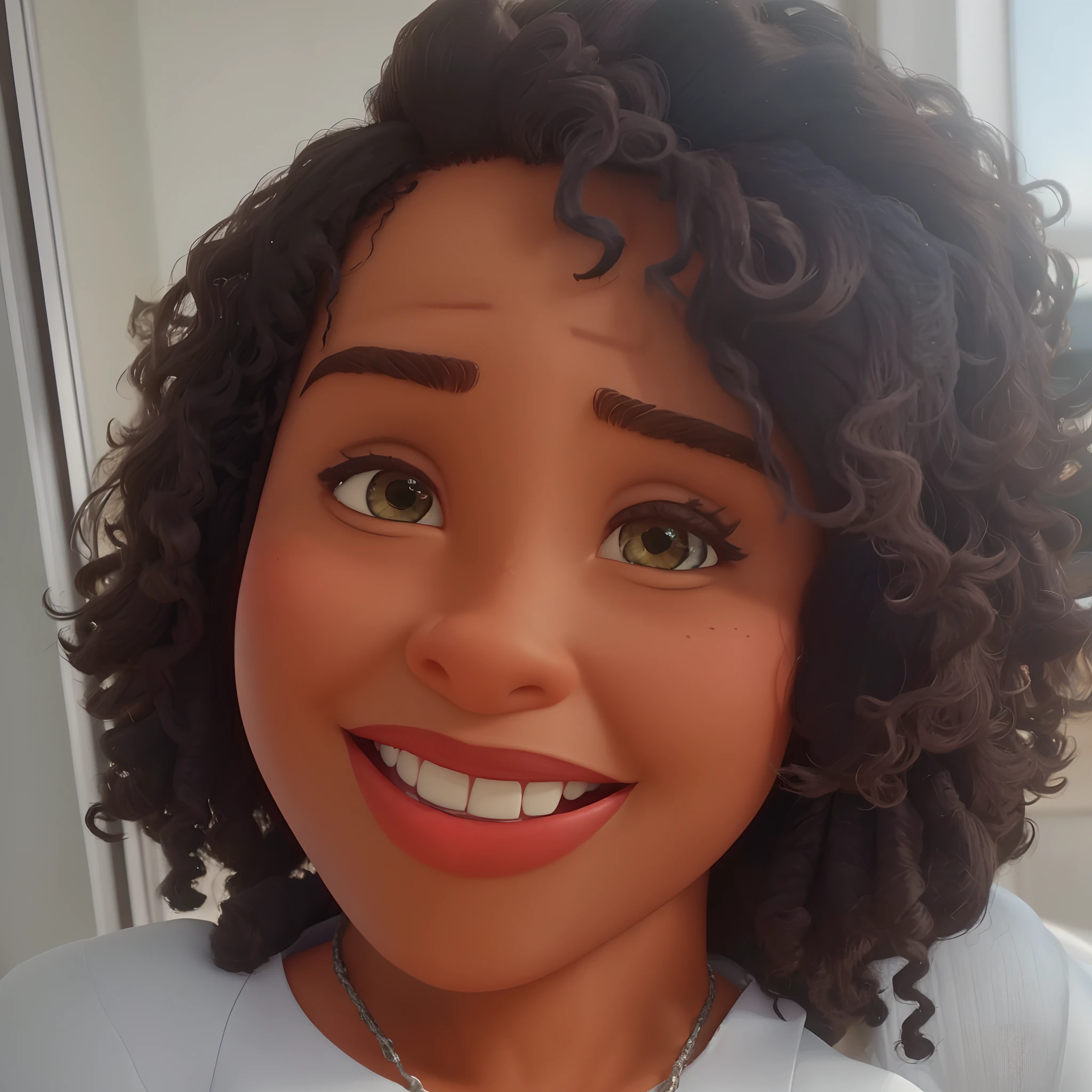 Uma mulher negra com cabelo cacheado na altura dos ombros estilo Disney Pixar, alta qualidade, Best Quality Children's Ministry