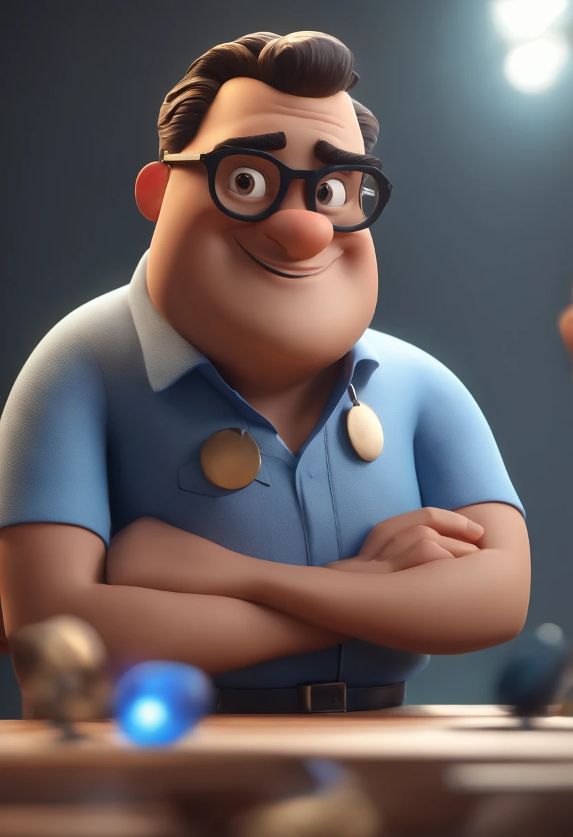 Cartoon character of a man wearing black glasses and a blue shirt, um personagem animado, Caractere estilizado, animation style rendering, 3D estilizado, Arnold Maya render, 3 d render stylized, toon render keyshot, Personagem 3D, Personagem 3D, 3d rendering stylized, 3 d character render, personagem de desenho animado, Personagem de close up, Pose de personagem, (Estilo Pixar) (master part:1.2) (Bokeh) (best quality) (pele detalhada) (textura detalhada) (8k) (argila) (Cinematic lighting) (foco nítido,Senta e vaza a parte superior do corpo