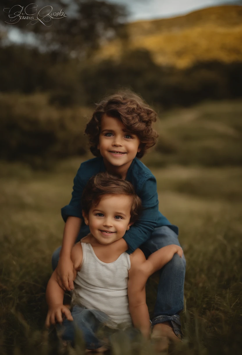 : Miguel, aproximadamente 5 anos de idade, cabelo curto estilo Disney, olhos castanhos e sorrisos. garota: Giovana, 2 anos, longos cabelos pretos e olhos azuis. scenecy: Miguel and Giovana are in a cozy little house in the valley, ao fundo um dia ensolarado, Destacando o Sol.