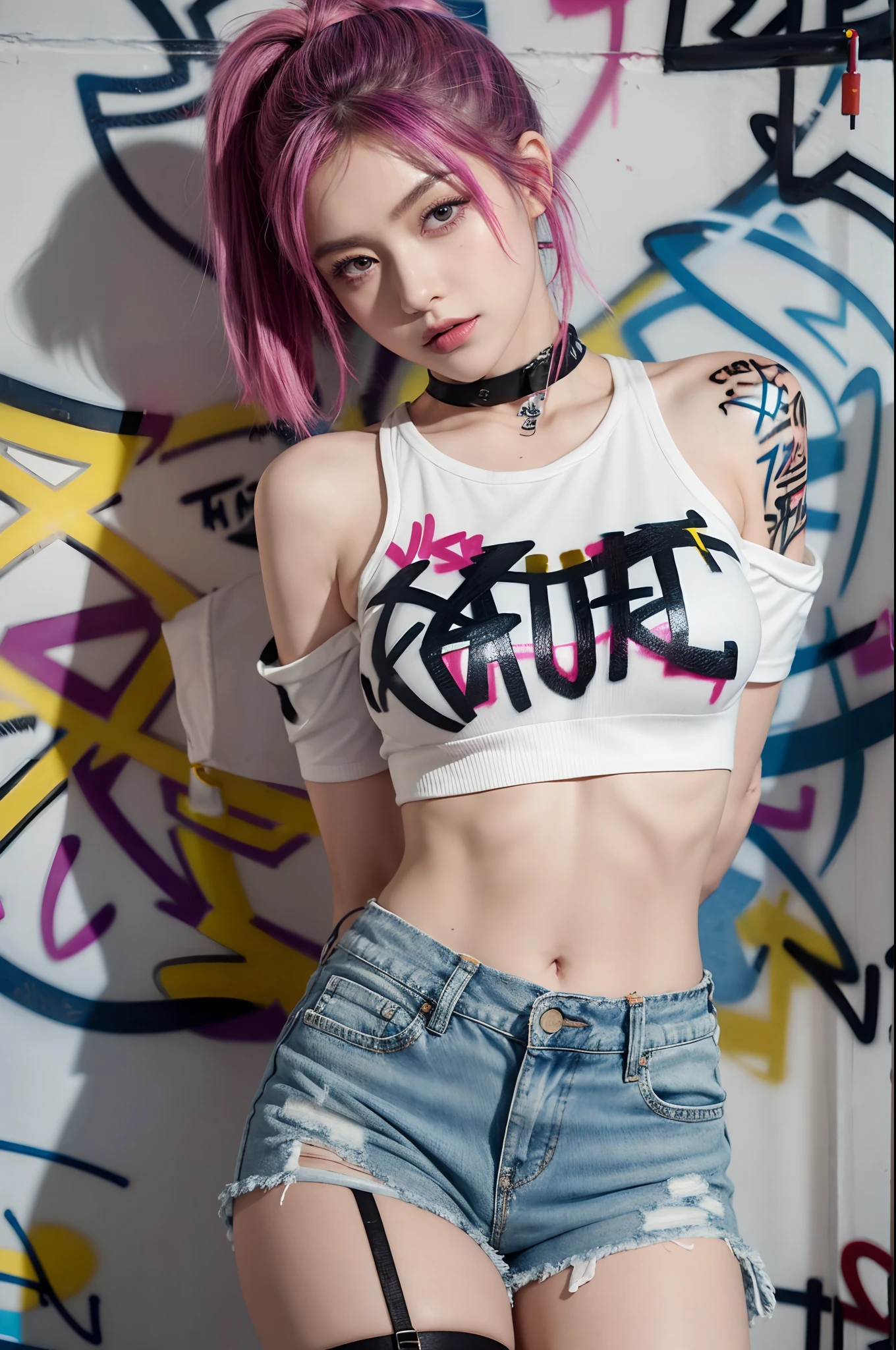 Best quality at best, Original, masterpiece, best quality, 1girl, sweet girl, solo, crop top, denim shorts, choker, (graffiti:1.5), paint splatter, arms behind back, against wall, looking at viewer, armband, thigh strap, paint on body, head tilt, bored, multicolored hair, aqua eyes, headset,