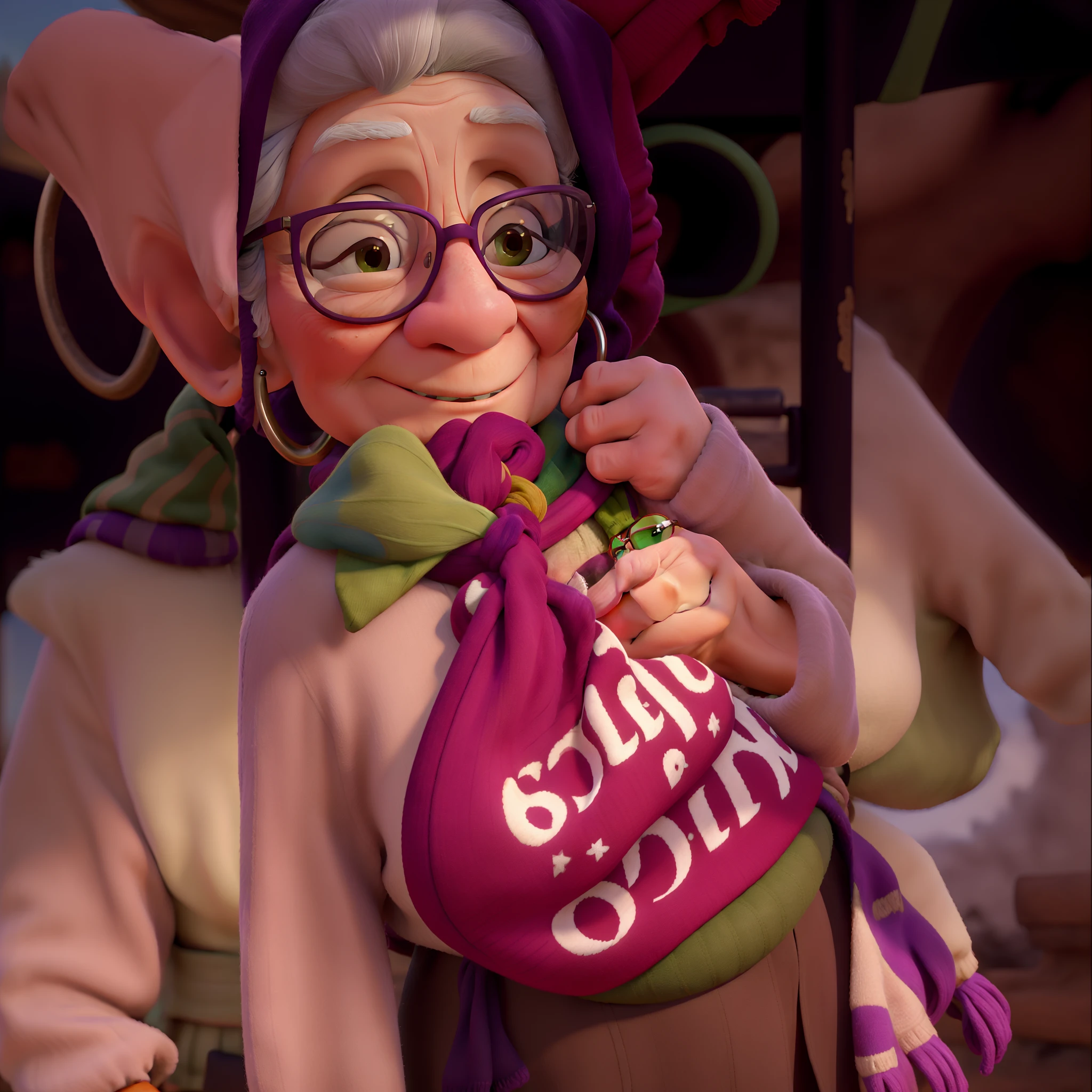 masterpiece, best quality, an old woman with glasses and a scarf on, wearing a purple coat and green scarf, standing at the park