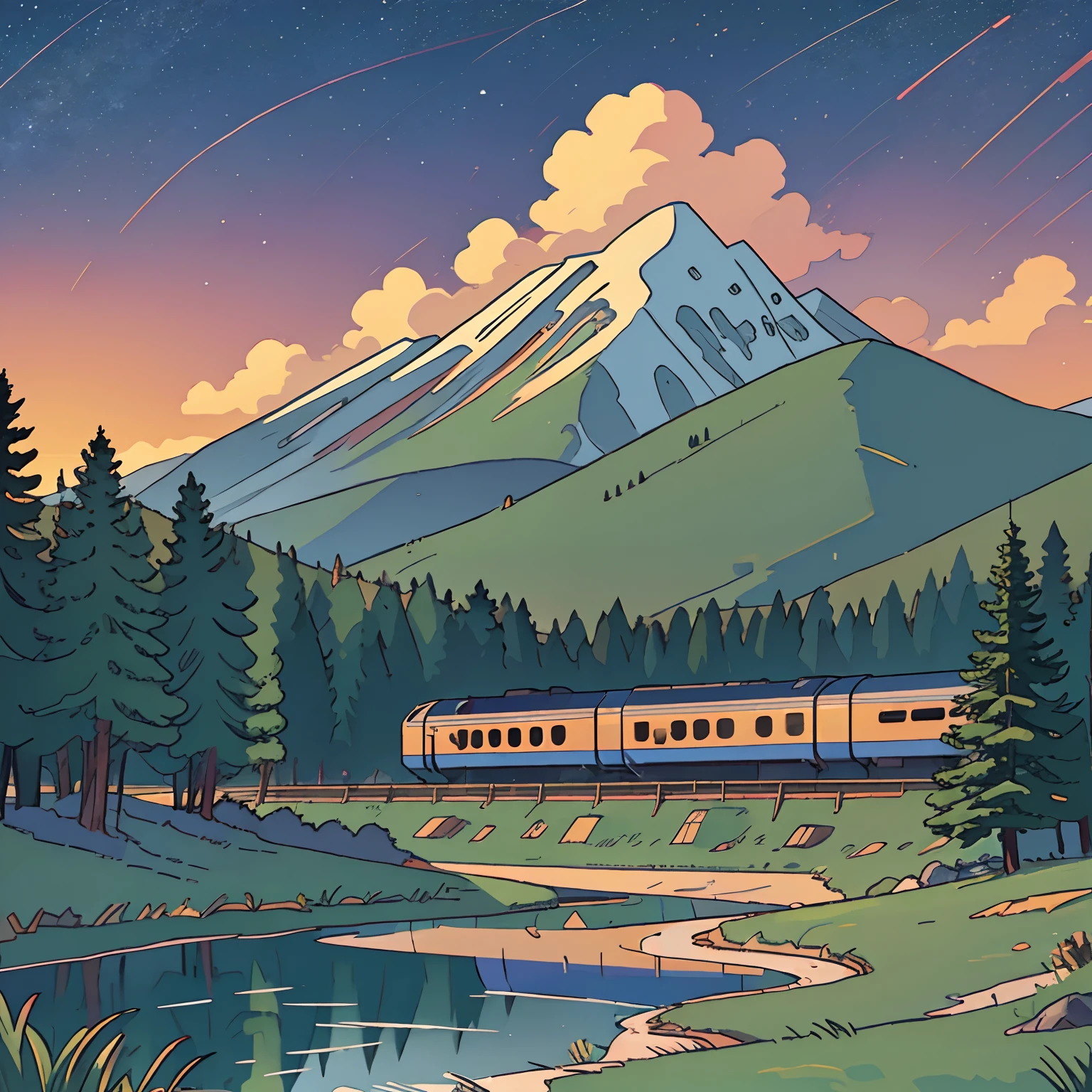 High-speed train, mountain background, twilight, pine forest, pond,